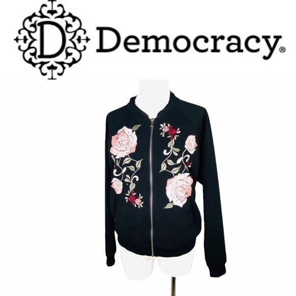 Democracy Tops - Democracy Embroidered Floral Track Jacket Black Sz M